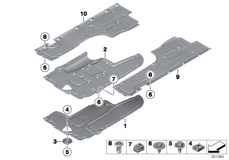 Picture board Underbody panelling, front for the BMW 7 Series models  Original BMW spare parts from the electronic parts catalog (ETK) for BMW motor vehicles (car)   C-clip nut, C-clip plastic nut, Expanding nut, Hex Bolt, Lateral underbody shield, left, 