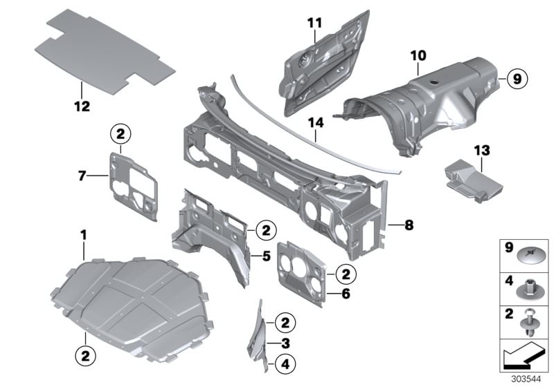 Picture board SOUND INSULATING FRONT for the BMW X Series models  Original BMW spare parts from the electronic parts catalog (ETK) for BMW motor vehicles (car)   Clip, Clip nut, Push-button, grey, SOUND INSULATING DOOR FRONT RIGHT, SOUND INSULATING ENGINE