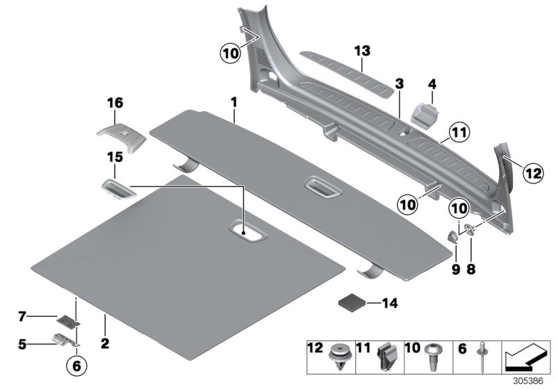 Picture board Trim panel, trunk floor for the BMW 3 Series models  Original BMW spare parts from the electronic parts catalog (ETK) for BMW motor vehicles (car)   Base, Blind rivet, Clamp, Clip Natur, Cover, fastening loop, Cover, floor panel, bottom, Fil
