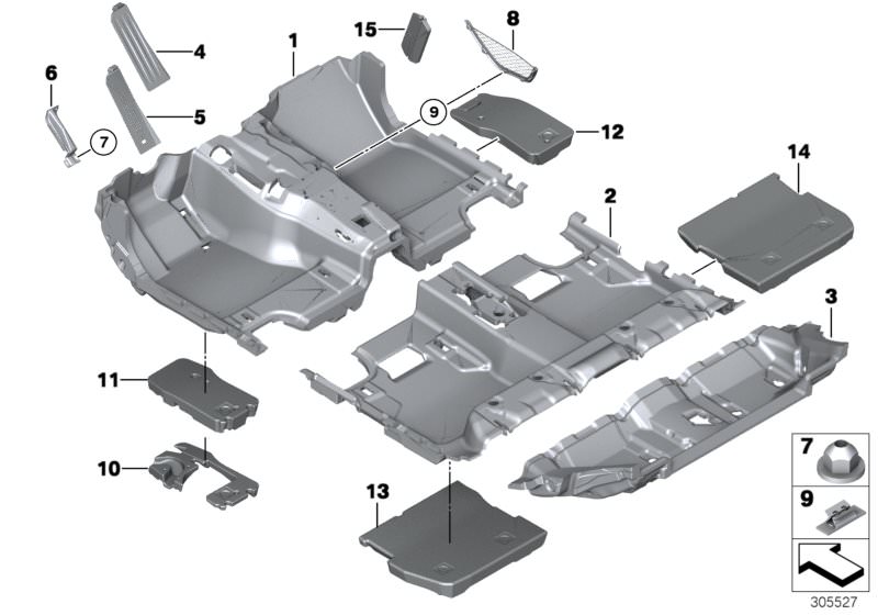 Picture board Floor covering for the BMW 5 Series models  Original BMW spare parts from the electronic parts catalog (ETK) for BMW motor vehicles (car)   Bracket, footrest, Cap nut, Clip, Floor covering, rear, Floor trim panel, rear seat, Floor trim, fron