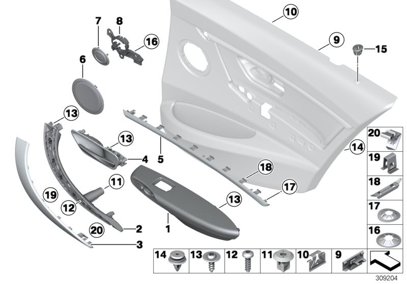 Picture board Mounting parts, door trim, rear for the BMW 3 Series models  Original BMW spare parts from the electronic parts catalog (ETK) for BMW motor vehicles (car)   Accent strip, rear right, Adapter, tweeter, rear right, Armrest, leather, rear left,