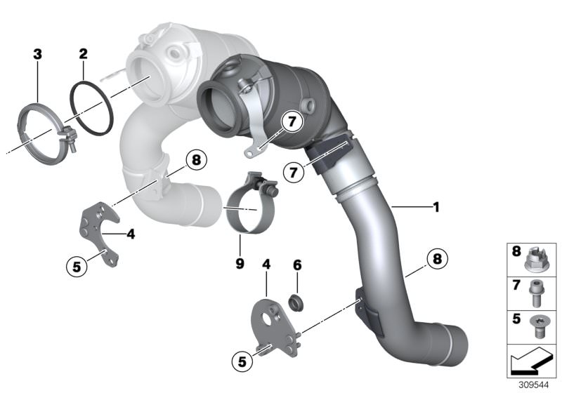 Picture board Engine-compartment catalytic converter for the BMW X Series models  Original BMW spare parts from the electronic parts catalog (ETK) for BMW motor vehicles (car)   Cap, Countersunk screw, Exch catalytic converter close to engine, Gasket exh.