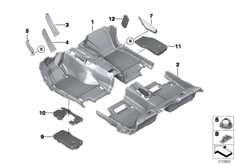 Picture board Floor covering for the BMW 5 Series models  Original BMW spare parts from the electronic parts catalog (ETK) for BMW motor vehicles (car)   Bracket, footrest, Cap nut, Clip, Floor covering, rear, Floor trim, front, Foam insert footwell front