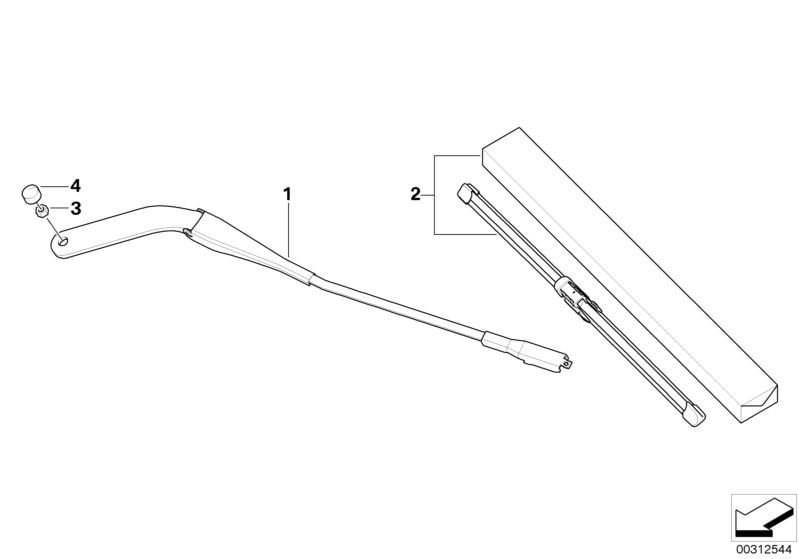 Picture board Wiper arm/wiper blade for the BMW 1 Series models  Original BMW spare parts from the electronic parts catalog (ETK) for BMW motor vehicles (car)   Covering cap, Hex nut, Set of wiper blades, Wiper arm, driver´s side