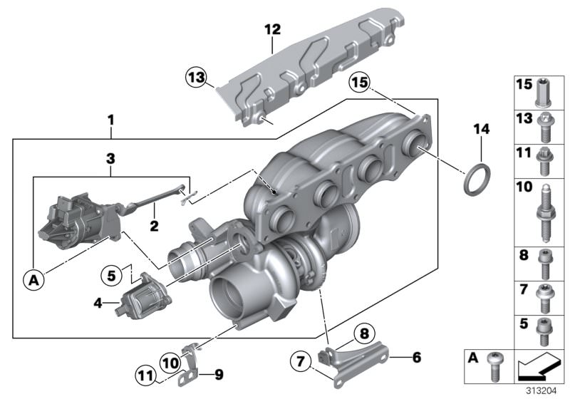 Picture board TURBO CHARGER for the BMW 3 Series models  Original BMW spare parts from the electronic parts catalog (ETK) for BMW motor vehicles (car)   Actuator, ASA-Bolt, Blow-off valve, EXCH-TURBO CHARGER, Fastening set, Flange nut, Gasket ring, Grub s