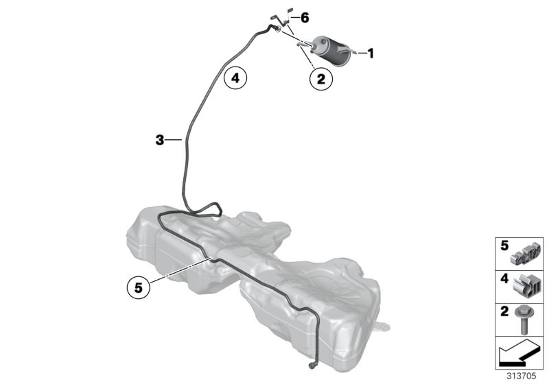 Bildtafel Aktivkohlefilter/Kraftstoffentlüftung für die BMW 6er Modelle  Original BMW Ersatzteile aus dem elektronischen Teilekatalog (ETK) für BMW Kraftfahrzeuge( Auto)    Aktivkohlefilter, Halter Aktivkohlefilter, Leitungsclip dreifach, Sechskantschraub