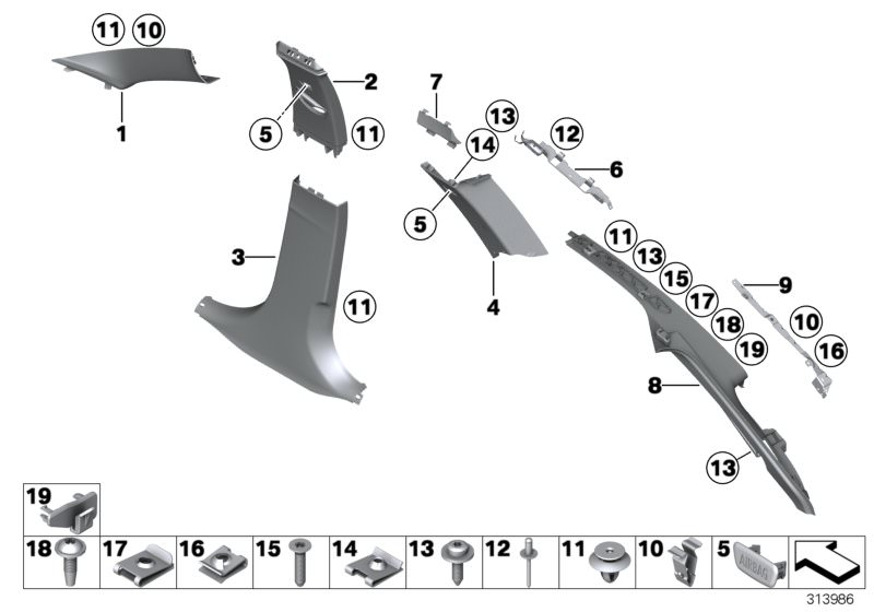 Picture board Trim panel A- / B- / C- / D-Column for the BMW 3 Series models  Original BMW spare parts from the electronic parts catalog (ETK) for BMW motor vehicles (car)   Airbag ramp, trim, C-pillar, right, Blind rivet, Body nut, Bracket, column C cove