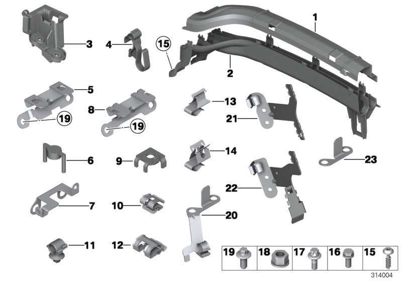 Picture board Cable harness fixings for the BMW 7 Series models  Original BMW spare parts from the electronic parts catalog (ETK) for BMW motor vehicles (car)   Aluminium screw, Bracket, cable harness, Cable clamp, Cable duct, bottom part, Cable duct, upp