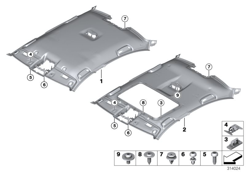 Picture board Headlining for the BMW 5 Series models  Original BMW spare parts from the electronic parts catalog (ETK) for BMW motor vehicles (car)   Clip, Clip Natur, Expanding rivet, Fillister head screw, Fillister head self-tapp.screw w collar, Fillist