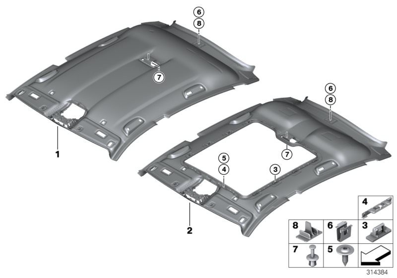 Picture board Headlining for the BMW 5 Series models  Original BMW spare parts from the electronic parts catalog (ETK) for BMW motor vehicles (car)   BRACKET FOR SLIDING LIFTING ROOF FRAME, Clip, Expanding rivet, Fillister head self-tapp.screw w collar, H
