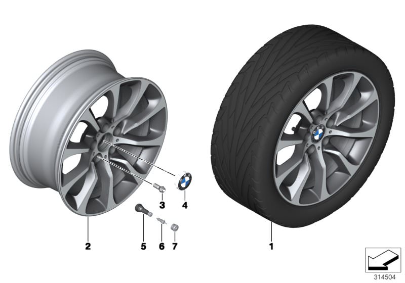 Illustration du BMW LA wheel, turbine styling 453 - 19´´ pour les BMW 5 Série Modèles  Pièces de rechange d'origine BMW du catalogue de pièces électroniques (ETK) pour véhicules automobiles BMW (voiture)   Disc wheel, light alloy, bright-turned, Hub cap w
