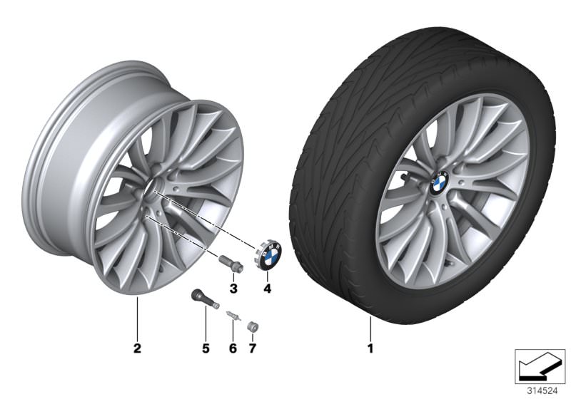Illustration du BMW LA wheel, multi spoke 454 - 18´´ pour les BMW 5 Série Modèles  Pièces de rechange d'origine BMW du catalogue de pièces électroniques (ETK) pour véhicules automobiles BMW (voiture)   Disc wheel, light alloy, bright-turned, Hub cap with 
