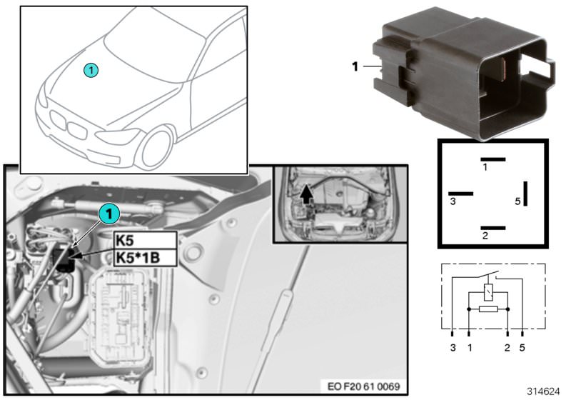 Illustration du Relais électroventilateur K5 pour les BMW 3 Série Modèles  Pièces de rechange d'origine BMW du catalogue de pièces électroniques (ETK) pour véhicules automobiles BMW (voiture)   Relay