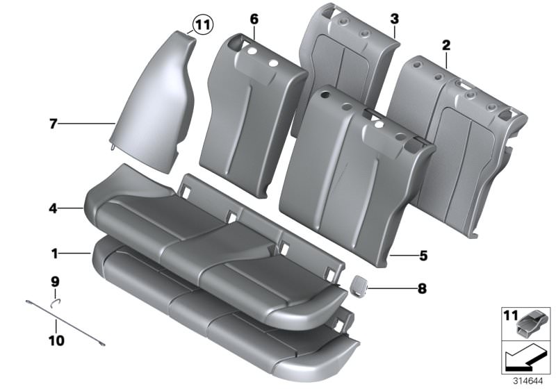 Picture board Seat, rear, cushion, & cover, basic seat for the BMW 1 Series models  Original BMW spare parts from the electronic parts catalog (ETK) for BMW motor vehicles (car)   Clamp, Clip, COVER BACKREST CLOTH LEFT, Cover isofix, LEFT BACKREST UPHOLST