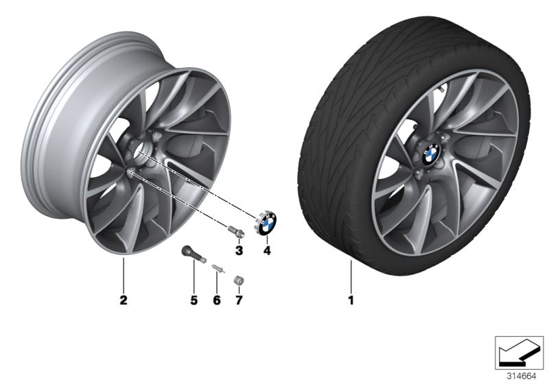 Picture board BMW LA wheel, turbine styling 457 - 20´´ for the BMW 5 Series models  Original BMW spare parts from the electronic parts catalog (ETK) for BMW motor vehicles (car)   Disc wheel, light alloy, bright-turned, Hub cap with chrome edge, Screw-in 