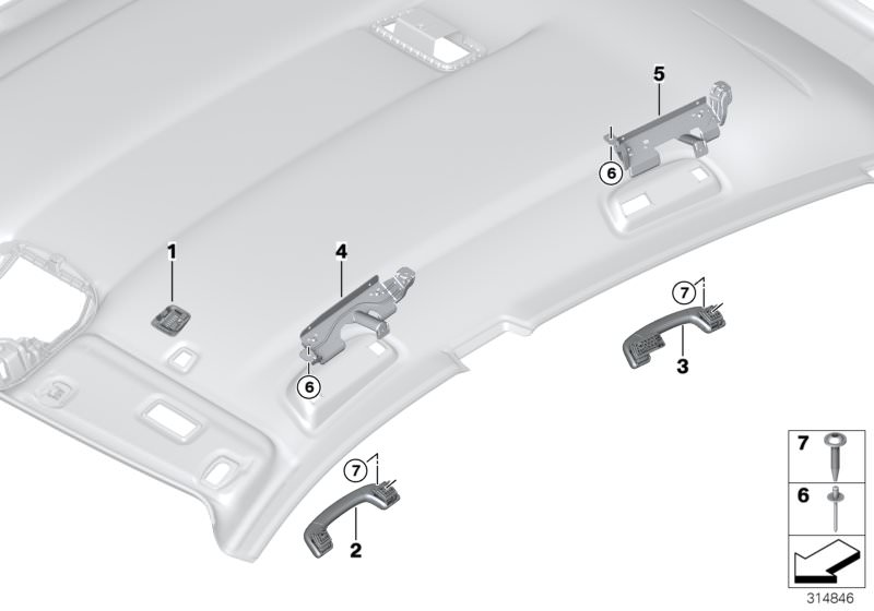 Picture board Mounting parts, roofliner for the BMW 5 Series models  Original BMW spare parts from the electronic parts catalog (ETK) for BMW motor vehicles (car)   Blind rivet, Bracket, front right grab handle, Cover, microphone, Grab handle bracket, rea