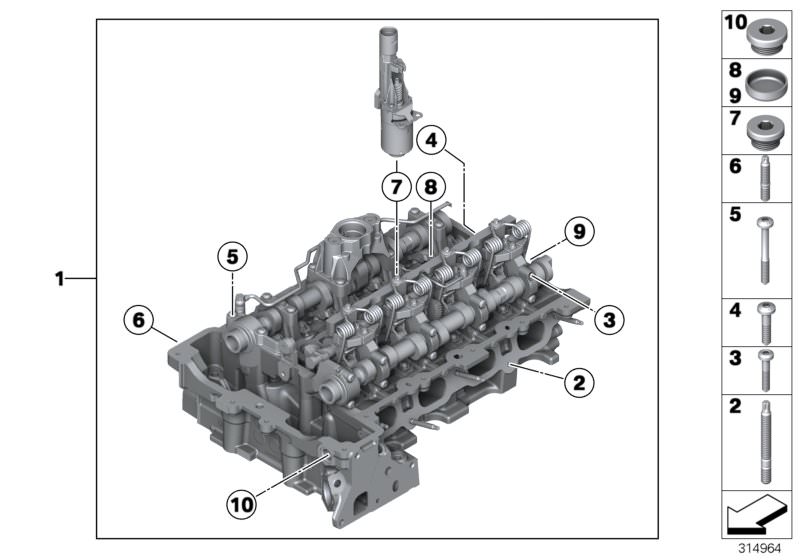 Picture board Cylinder head for the BMW X Series models  Original BMW spare parts from the electronic parts catalog (ETK) for BMW motor vehicles (car)   ASA-stud bolt, Cover lid, CYLINDER HEAD WITH VALVE GEAR, ISA screw, Screw plug with gasket ring, Torx 