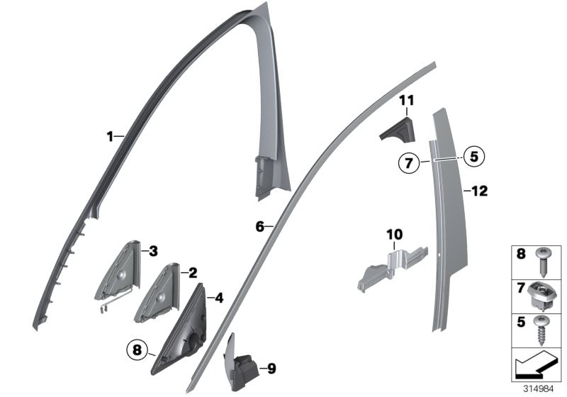 Picture board Trims and seals, door, front for the BMW 7 Series models  Original BMW spare parts from the electronic parts catalog (ETK) for BMW motor vehicles (car)   Clip, cover for column B, COVER F RIGHT LOUDSPEAKER TWEETER, Cover, column B, door, fro