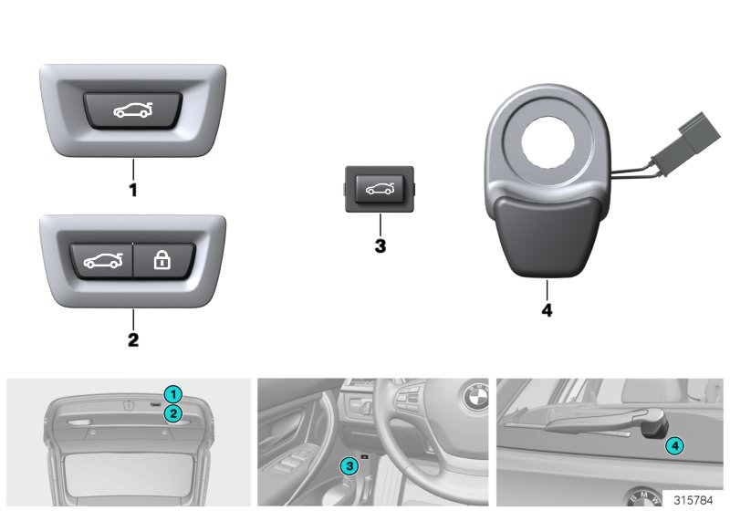 Illustration du Touches coffre / centerlock pour les BMW 3 Série Modèles  Pièces de rechange d'origine BMW du catalogue de pièces électroniques (ETK) pour véhicules automobiles BMW (voiture)   Rear-window button, Switch trunk lid, Switch, rear-lid Centerl