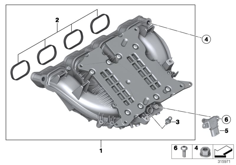 Picture board Intake manifold system for the BMW X Series models  Original BMW spare parts from the electronic parts catalog (ETK) for BMW motor vehicles (car)   Ball pin, Hex nut with plate, Intake manifold system, Pressure sensor, Set of profile gaskets