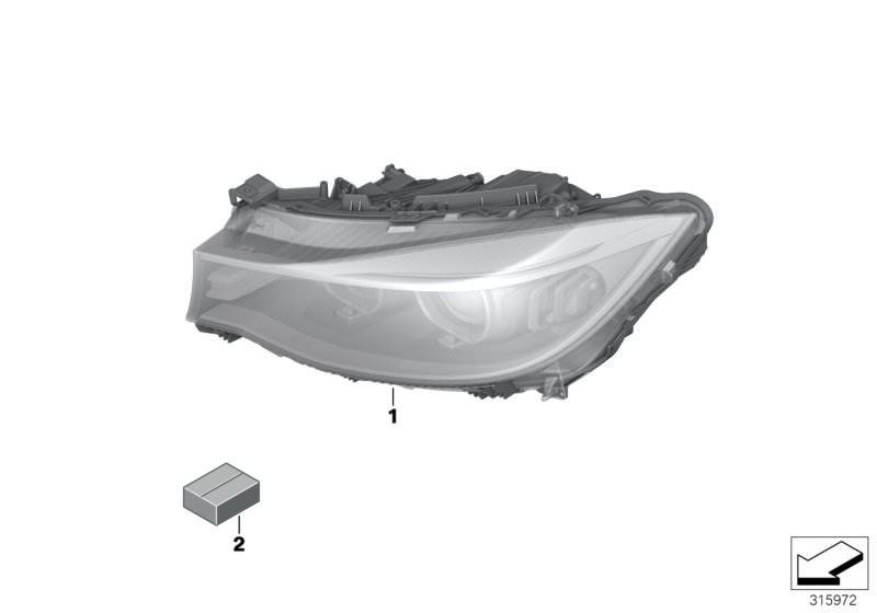 Picture board Headlight for the BMW 3 Series models  Original BMW spare parts from the electronic parts catalog (ETK) for BMW motor vehicles (car)   Bi-xenon headlight AKL, left, Set masking foil f headlight