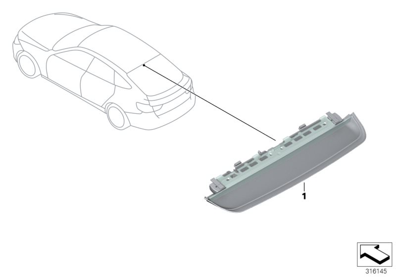 Illustration du Troisieme feu stop pour les BMW 3 Série Modèles  Pièces de rechange d'origine BMW du catalogue de pièces électroniques (ETK) pour véhicules automobiles BMW (voiture)   Third stoplamp