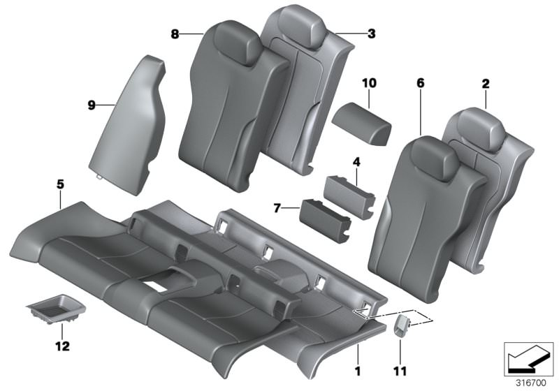 Picture board Seat,rear,cushion&cover, through-loading for the BMW 4 Series models  Original BMW spare parts from the electronic parts catalog (ETK) for BMW motor vehicles (car)   Cover backrest, leather, left, Cover backrest, leather, right, Cover isofix