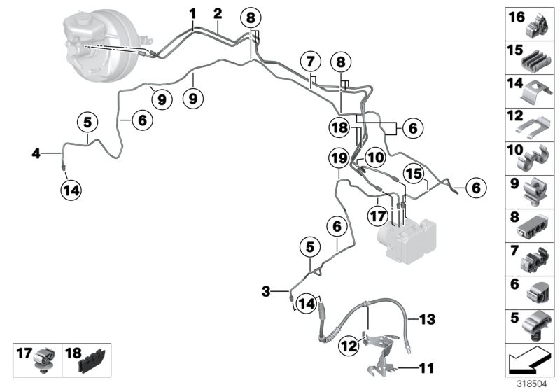 Illustration du Tuyau de frein avant pour les BMW 3 Série Modèles  Pièces de rechange d'origine BMW du catalogue de pièces électroniques (ETK) pour véhicules automobiles BMW (voiture)   Bracket, brake pipe, 3-fold, Bracket, brake pipe, double, Brake hose 