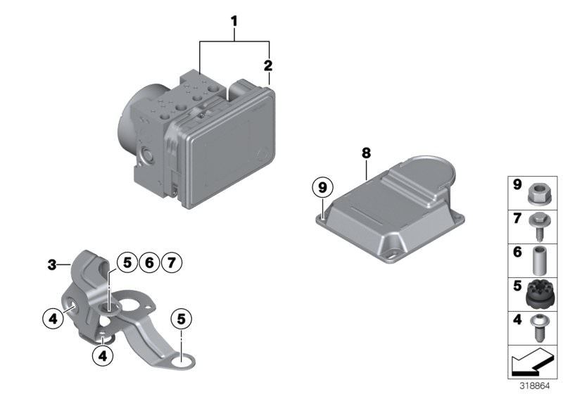 Illustration du Groupe hydr.DSC/support/capteurs pour les BMW 3 Série Modèles  Pièces de rechange d'origine BMW du catalogue de pièces électroniques (ETK) pour véhicules automobiles BMW (voiture)   BRACKET HYDRO UNIT, Hex Bolt with washer, Hex nut with fl