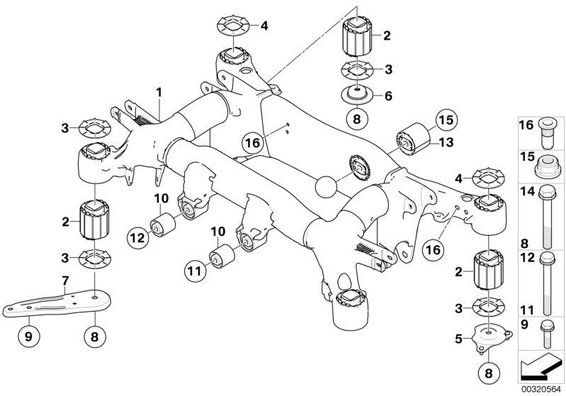 Picture board REAR AXLE CARRIER for the BMW 5 Series models  Original BMW spare parts from the electronic parts catalog (ETK) for BMW motor vehicles (car)   Blind rivet nut, flat headed, Combination nut, Hex Bolt with washer, Nut, PUSH ROD RIGHT, REAR AXL