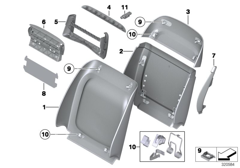 Picture board Set, front, backrest trims for the BMW 5 Series models  Original BMW spare parts from the electronic parts catalog (ETK) for BMW motor vehicles (car)   Bracket, rear-cabin monitor, comfort, Clip, backrest, top, Fastening, cover, backrest, ri