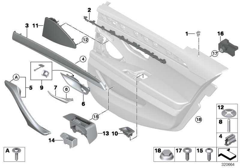 Picture board Mounting parts, door trim, rear for the BMW 5 Series models  Original BMW spare parts from the electronic parts catalog (ETK) for BMW motor vehicles (car)   Ashtray insert, Clamp, COVER F RIGHT LOUDSPEAKER, Cover, locking button, Covering ca