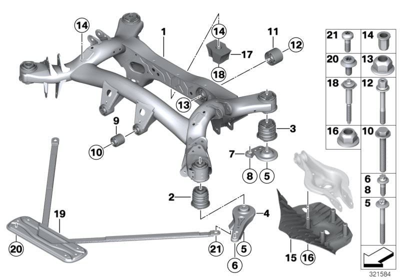 Picture board REAR AXLE CARRIER for the BMW 3 Series models  Original BMW spare parts from the electronic parts catalog (ETK) for BMW motor vehicles (car)   Blind rivet nut, flat headed, Covering right, Hex Bolt with washer, Nut, Push rod, PUSH ROD RIGHT,