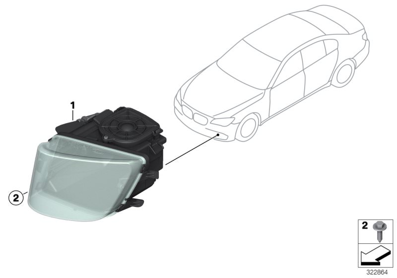 Illustration du Projecteur d`éclairage ciblé pour les BMW 7 Série Modèles  Pièces de rechange d'origine BMW du catalogue de pièces électroniques (ETK) pour véhicules automobiles BMW (voiture)   Headlight, dynamic light spot, right, Screw, self tapping