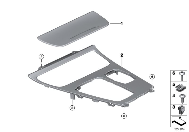 Picture board Decor trims, centre console for the BMW 5 Series models  Original BMW spare parts from the electronic parts catalog (ETK) for BMW motor vehicles (car)   Clamp, Cover centre console, Fillister head screw, Sheet metal nut, self-locking, Trim, 