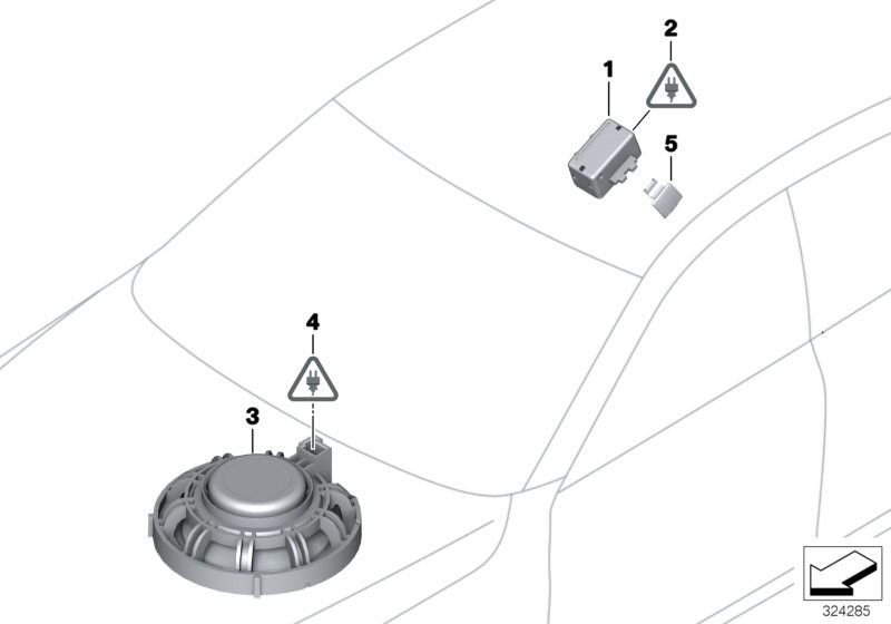 Illustration du Pièces pour système mains-libres pour les BMW 5 Série Modèles  Pièces de rechange d'origine BMW du catalogue de pièces électroniques (ETK) pour véhicules automobiles BMW (voiture)   Cover, microphone, Emergency loudspeaker, HANDS FREE TELE