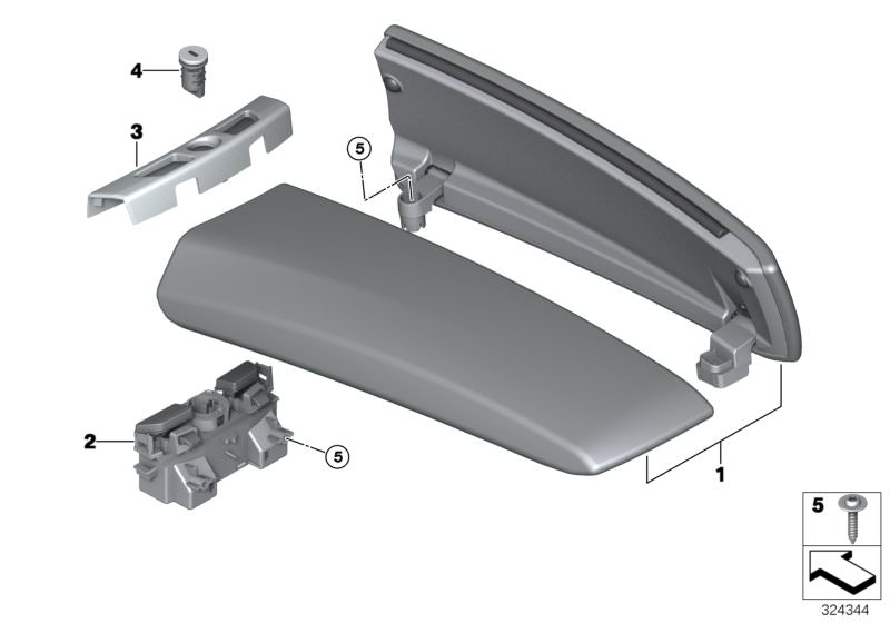 Picture board Armrest, centre console for the BMW 5 Series models  Original BMW spare parts from the electronic parts catalog (ETK) for BMW motor vehicles (car)   Armrest, Alcantara, front middle, Cover, fastener, centre console, Lock barrel with code to 