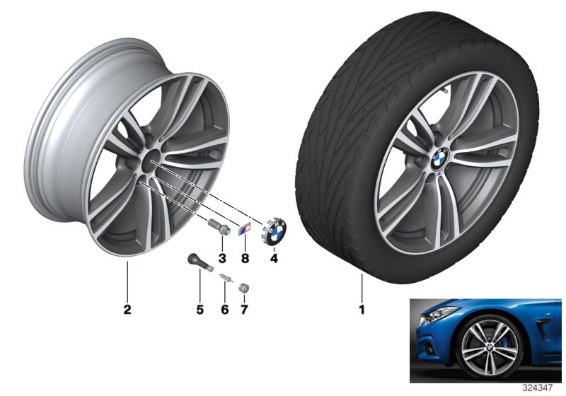 Picture board BMW LA wheel, M double spoke 442 - 19´´ for the BMW 3 Series models  Original BMW spare parts from the electronic parts catalog (ETK) for BMW motor vehicles (car)   Hub cap with chrome edge, Light alloy rim Ferricgrey, M badge, Rubber valve,