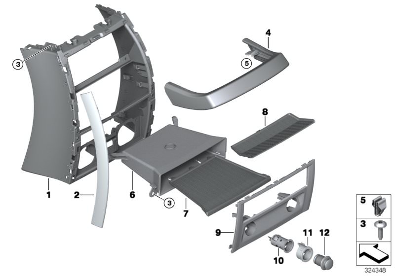 Picture board Mounting parts, centre console, rear for the BMW 5 Series models  Original BMW spare parts from the electronic parts catalog (ETK) for BMW motor vehicles (car)   Accent strip, right, Clamp, Cover centre console, rear, Fillister head screw, F