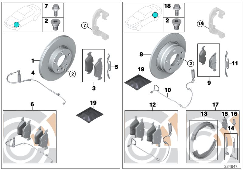 Picture board Service, brakes for the BMW 5 Series models  Original BMW spare parts from the electronic parts catalog (ETK) for BMW motor vehicles (car) 