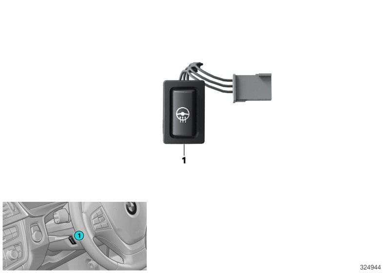 Picture board Switch, steering wheel heater for the BMW 1 Series models  Original BMW spare parts from the electronic parts catalog (ETK) for BMW motor vehicles (car)   Steering wheel heating push-button