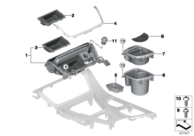 Picture board Mounted parts for centre console for the BMW 5 Series models  Original BMW spare parts from the electronic parts catalog (ETK) for BMW motor vehicles (car)   Ashtray insert, Chrome frame, centre console, front, Cover, Cup holder, centre cons