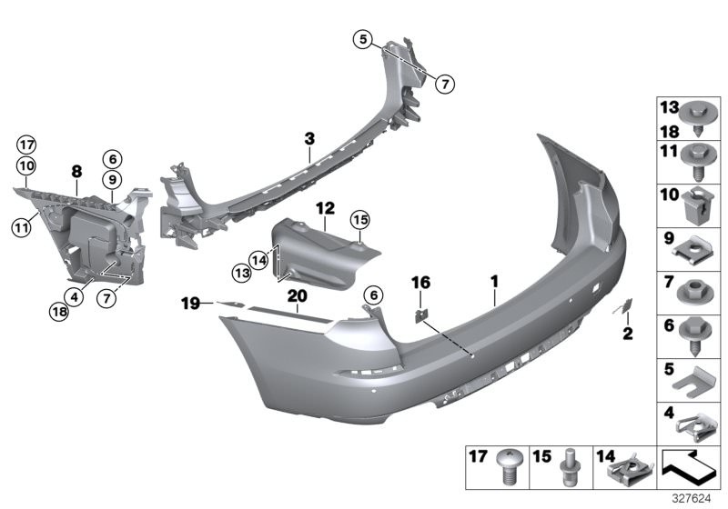 Picture board Trim panel, rear for the BMW 5 Series models  Original BMW spare parts from the electronic parts catalog (ETK) for BMW motor vehicles (car)   Body nut, C-clip nut, C-clip nut, self-locking, Combination nut, Cover, towing eye, primed, rear, E