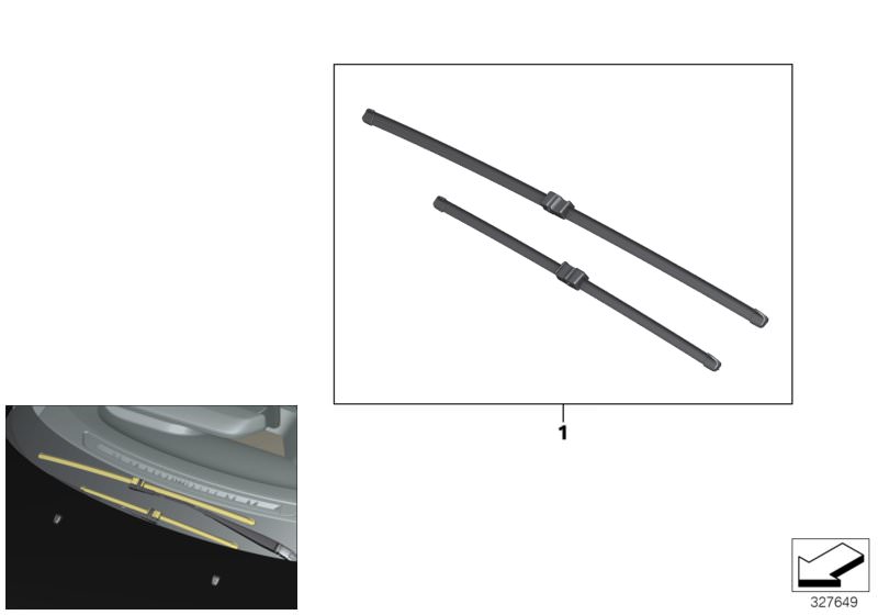 Picture board Set, wiper blades for the BMW i Series models  Original BMW spare parts from the electronic parts catalog (ETK) for BMW motor vehicles (car)   Set of wiper blades