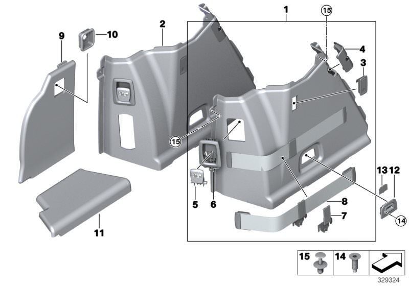 Picture board TRUNK TRIM, LEFT for the BMW 5 Series models  Original BMW spare parts from the electronic parts catalog (ETK) for BMW motor vehicles (car)   Bracket rubber spring, Countersunk screw, Cover, left trunk trim, Fastening loop cap, Fixing plug, 