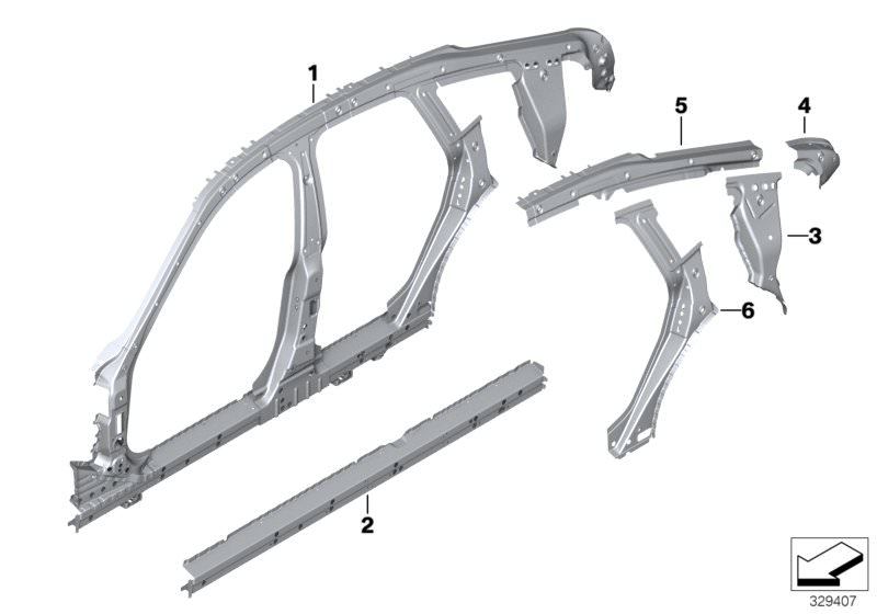 Picture board Side frame, middle for the BMW 3 Series models  Original BMW spare parts from the electronic parts catalog (ETK) for BMW motor vehicles (car)   C-pillar support, left, Closing plate, D-pillar, left, Reinforcement, entrance, left, Reinforceme