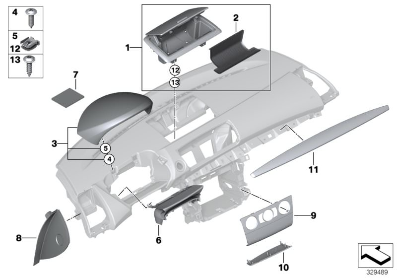 Picture board Mounting parts, instrument panel, top for the BMW 1 Series models  Original BMW spare parts from the electronic parts catalog (ETK) for BMW motor vehicles (car)   Cover, dashboard, right, Cover, function carrier centre, Fillister head self-t
