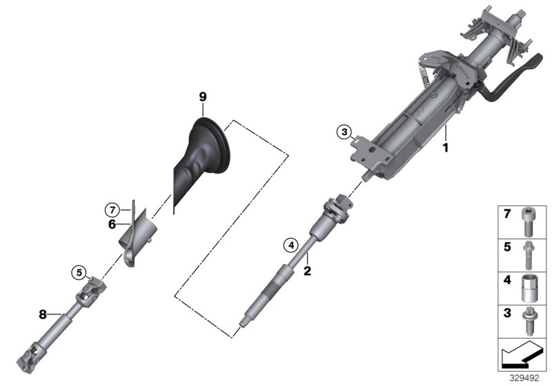 Picture board Steering column,mech. / steering spindle for the BMW X Series models  Original BMW spare parts from the electronic parts catalog (ETK) for BMW motor vehicles (car)   ASA-Bolt, Bearing plate, steering spindle, middle, ISA screw, Manually adju