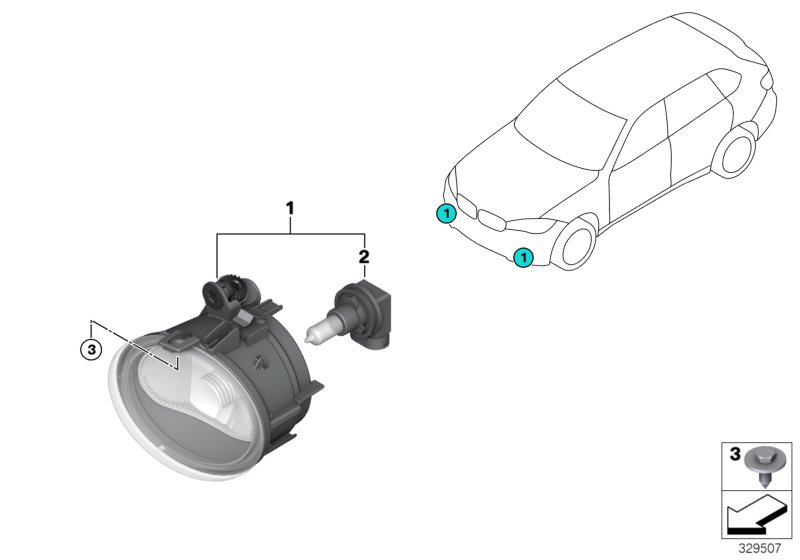 Picture board Fog lights for the BMW X Series models  Original BMW spare parts from the electronic parts catalog (ETK) for BMW motor vehicles (car)   Bulb, Fog lights, left, Hex head screw