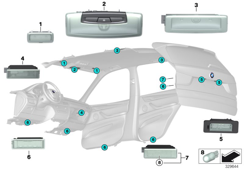 Bildtafel Innenleuchten Dach/Heckklappe für die BMW X Modelle  Original BMW Ersatzteile aus dem elektronischen Teilekatalog (ETK) für BMW Kraftfahrzeuge( Auto)    Glühlampe Longlife, Innenleuchte, Innenleuchte LED, Innenleuchte LED hinten, Innenleuchte vo